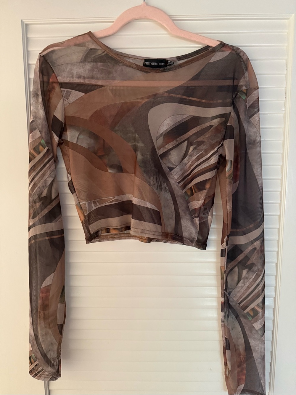 PrettyLittleThing Brown & Taupe Abstract Mesh Long Sleeve Crop Top